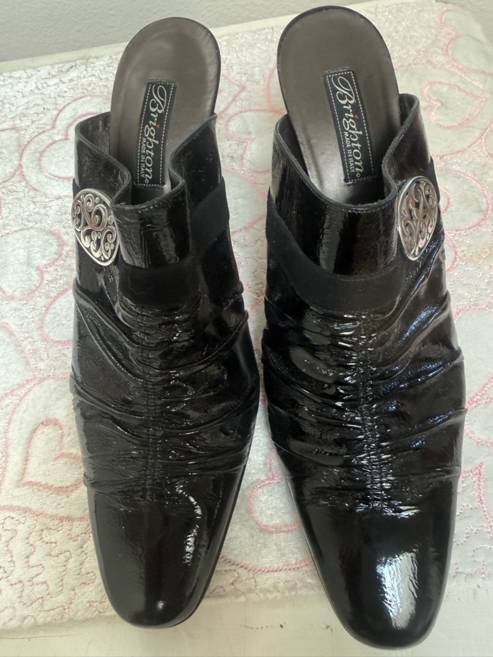 Brighton Black Patent Leather Slip-On Mule with Silver Medallion